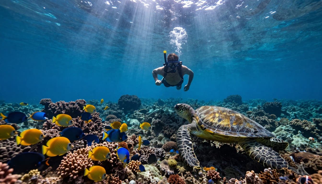A snorkeler glides through crystal-clear waters of Kealakekua Bay, Big Island Hawaii, amid vibrant coral reefs, schools of tropical fish, and a nearby green sea turtle, with sunbeams creating dramatic rays.