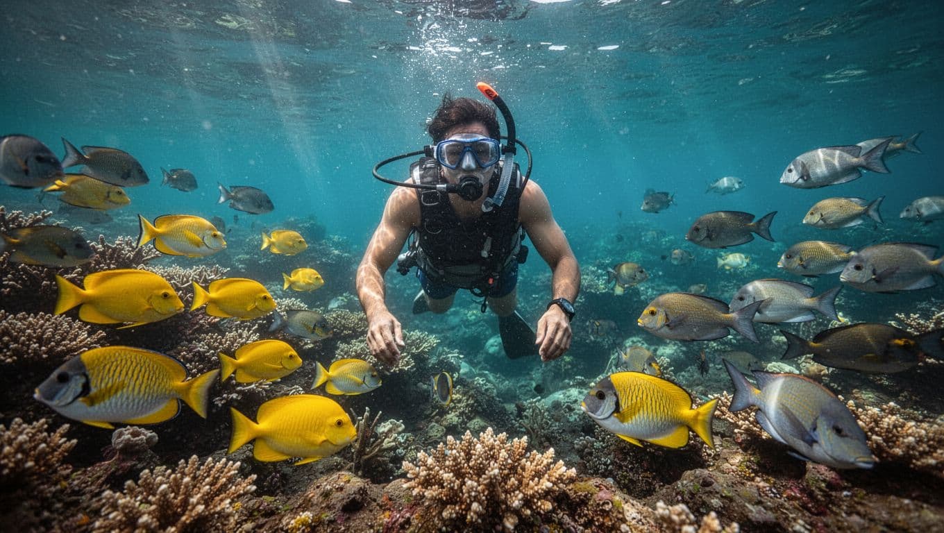 Vibrant underwater snorkeling scene in Kealakekua Bay, Big Island Hawaii, with one snorkeler above colorful coral reef and schools of tropical fish in crystal clear turquoise water pierced by sunlight rays.