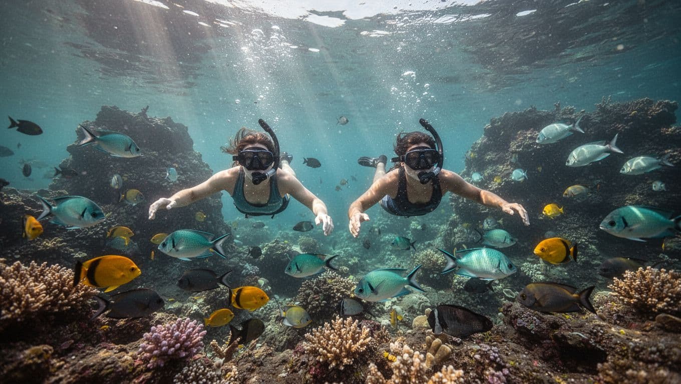 Vibrant underwater scene at Kealakekua Bay featuring colorful coral reefs, tropical fish around snorkelers in clear turquoise water, with volcanic rocks and dramatic sun rays.