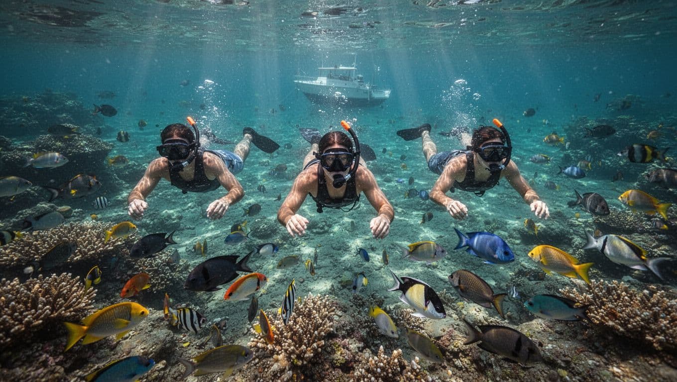 Diverse snorkelers explore vibrant coral reefs and tropical fish in crystal-clear turquoise waters of Kealakekua Bay, Big Island Hawaii, under dramatic sunlight rays.