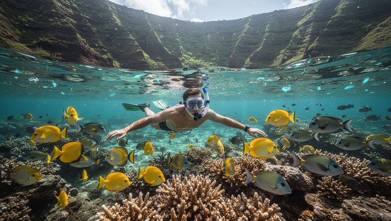 Crystal-clear turquoise waters of Kealakekua Bay reveal vibrant coral reefs teeming with schools of tropical fish like yellow tang and parrotfish, as a single snorkeler explores beneath dramatic green volcanic cliffs under bright sunlight.