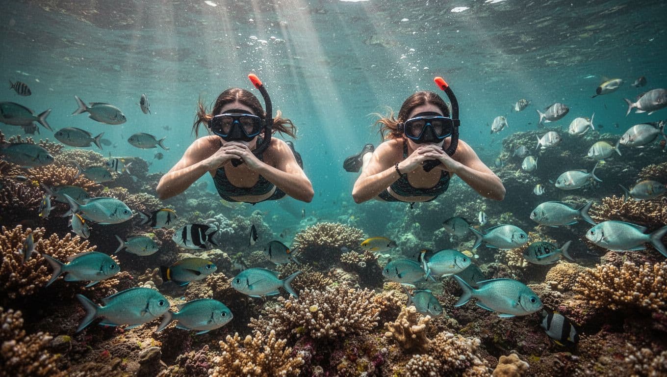 Vibrant underwater scene in Kealakekua Bay featuring colorful coral reefs, schools of tropical fish around two snorkelers, clear turquoise water, and dramatic sunlight rays.