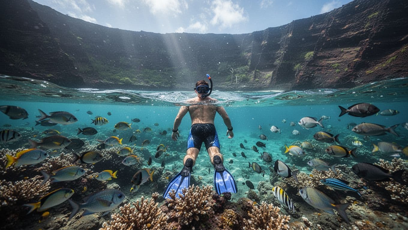 A snorkeler floats above vibrant coral reefs and schools of tropical fish in crystal-clear turquoise waters of Kealakekua Bay, with dramatic volcanic cliffs in the background and sunlight rays piercing the surface.