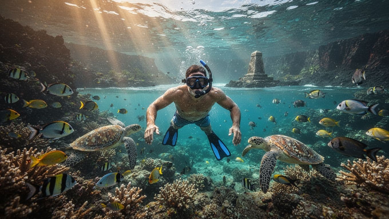 A strong swimmer snorkels energetically through vibrant coral reefs teeming with tropical fish and green sea turtles in crystal-clear turquoise waters of Kealakekua Bay, with dramatic volcanic cliffs and Captain Cook Monument in the background.