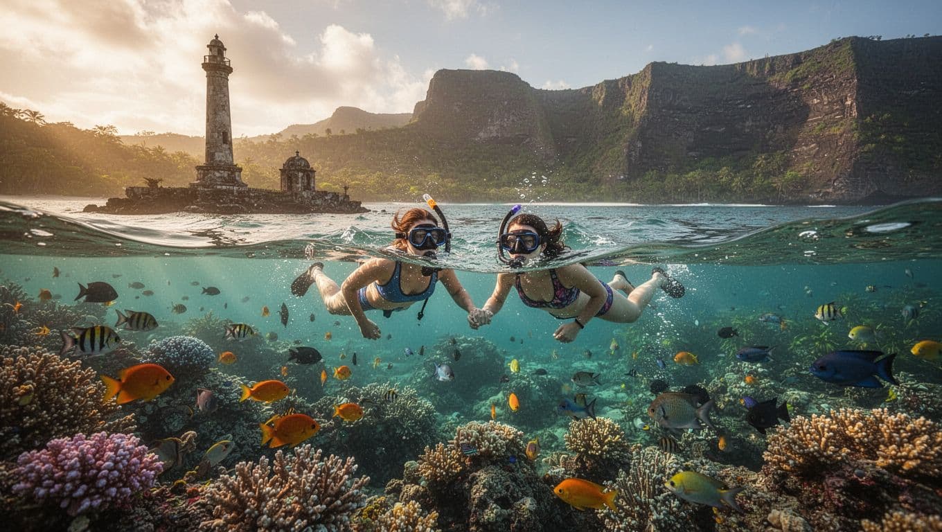 Couple snorkels in clear Kealakekua Bay waters near Captain Cook monument, colorful coral, fish, and volcanic cliffs.