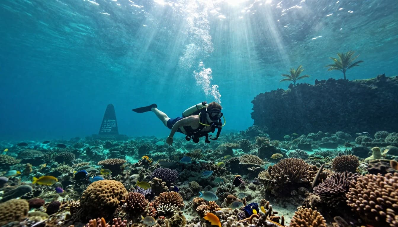 A relaxed diver swims near a colorful coral reef in the crystal-clear turquoise waters of Kealakekua Bay, with the Captain Cook monument visible on the green shore lined with palm trees and volcanic cliffs. Sunlight rays pierce the surface, highlighting schools of tropical fish in a cinematic underwater scene.