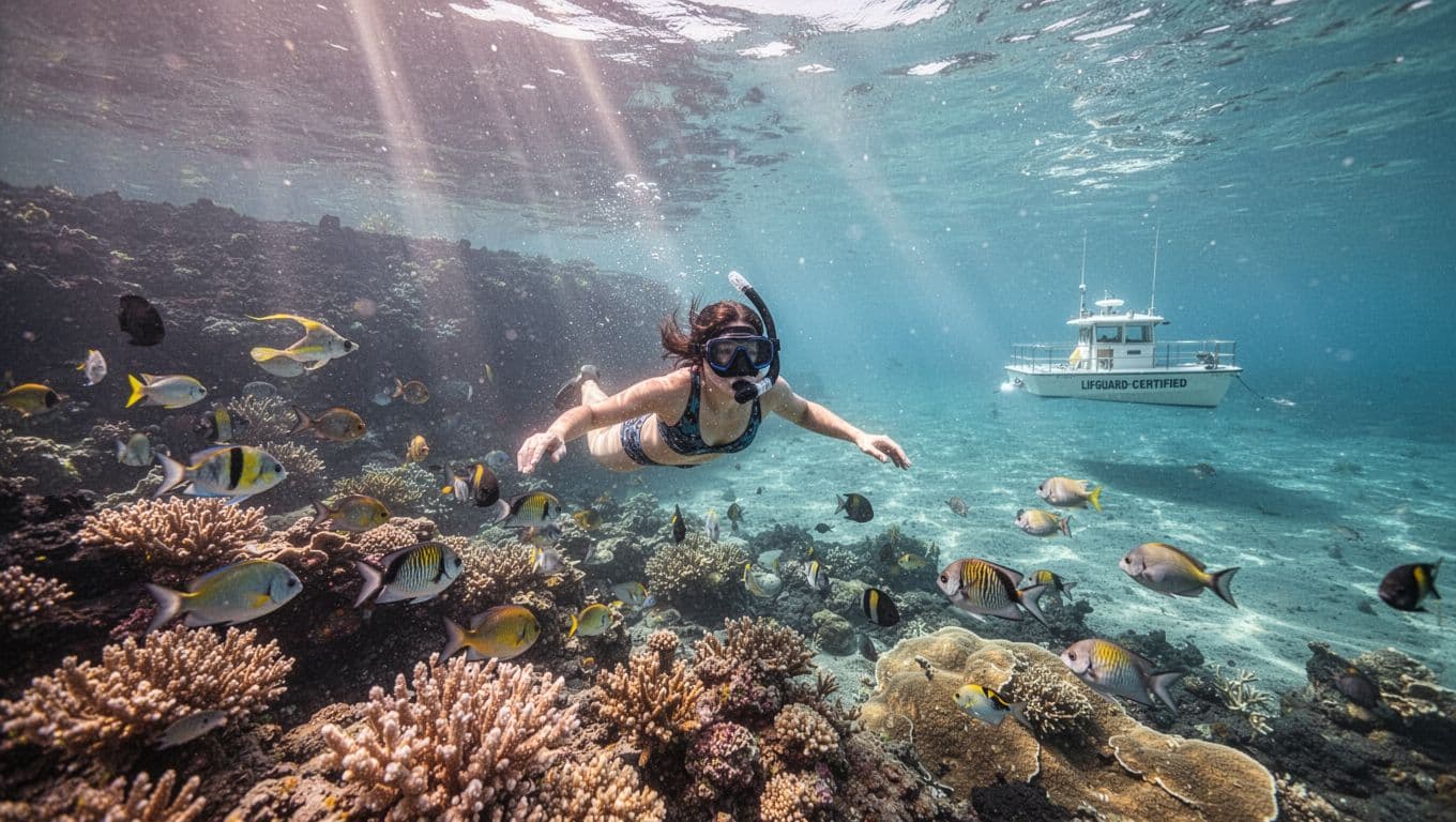 A snorkeler floats above a Hawaiian reef with a distant boat and volcanic shore.
