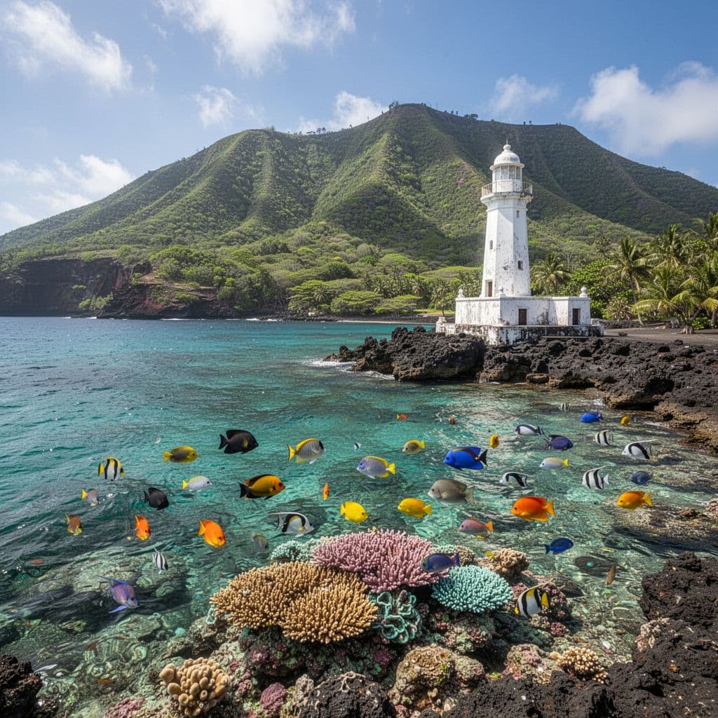 Crystal clear turquoise water displays vibrant coral reefs and tropical fish beneath the Captain Cook monument.