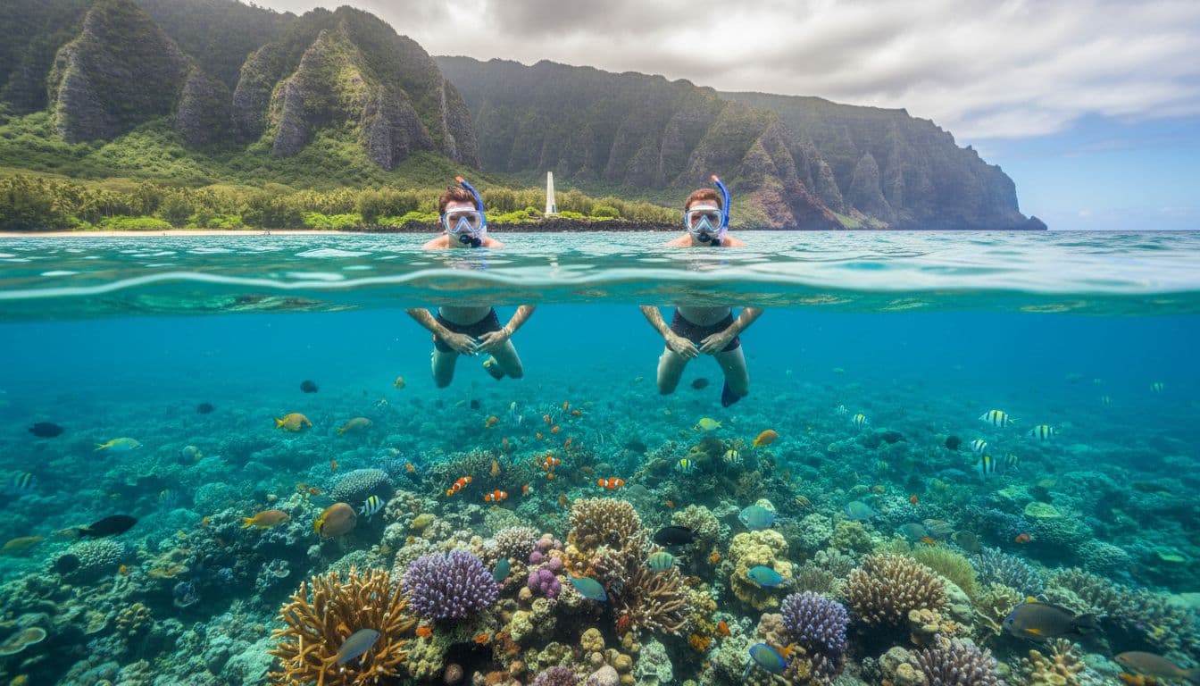 Two snorkelers float above coral reefs and fish in calm turquoise waters of Kealakekua Bay, distant volcanic cliffs and Captain Cook monument.
