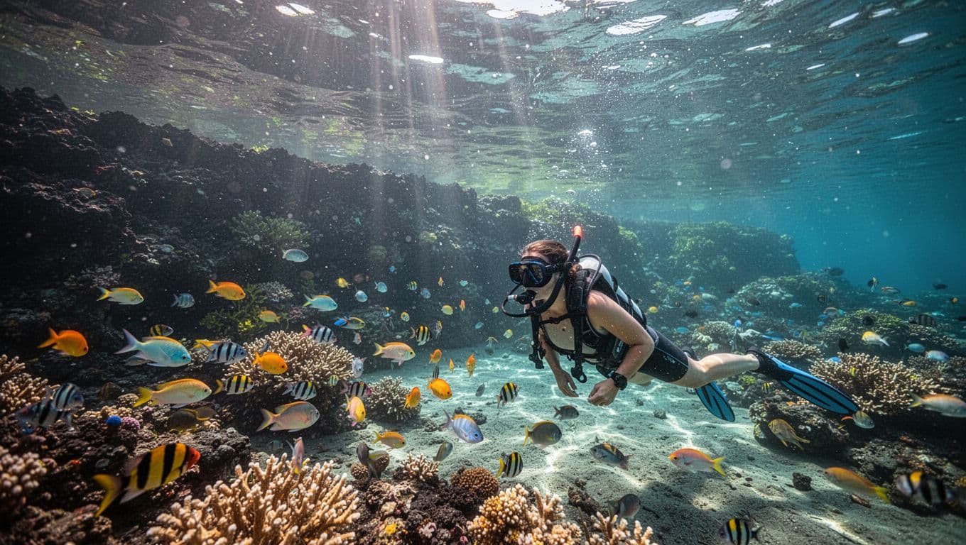 One snorkeler floats above a colorful reef beneath clear water and green coastal cliffs.