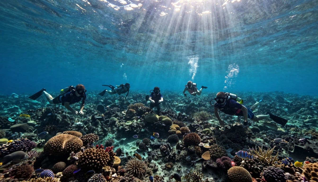 Four snorkelers explore a colorful reef beneath clear water near a green shoreline.