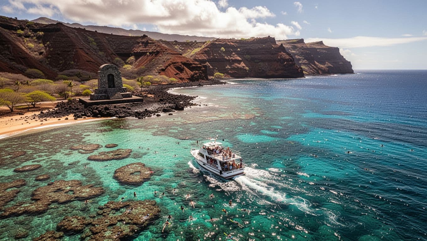 Turquoise Kealakekua Bay with reef, shoreline, monument, and one boat.
