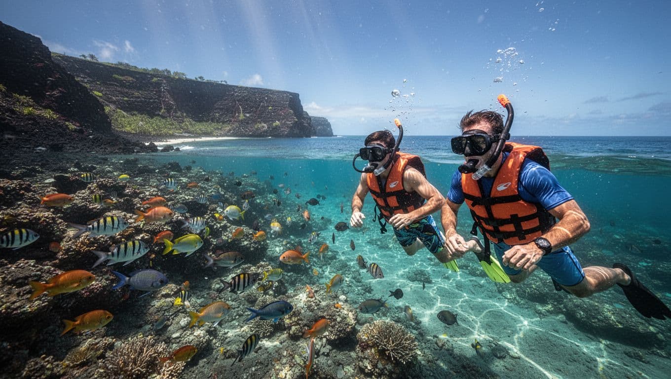 A guide and two beginners snorkeling above a colorful reef near volcanic cliffs.