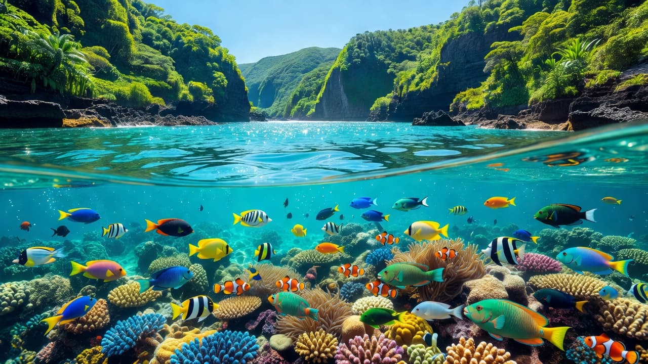 Vibrant tropical fish swim among intricate coral formations in crystal clear water, framed by towering lush green volcanic cliffs rising above the bright blue surface of the tranquil Hawaiian bay.