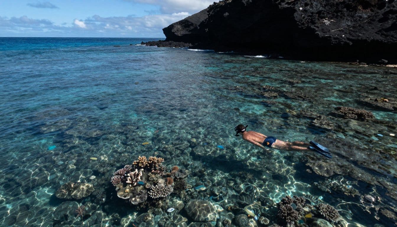 One snorkeler floats above a shallow coral reef with fish and volcanic cliffs in the distance.