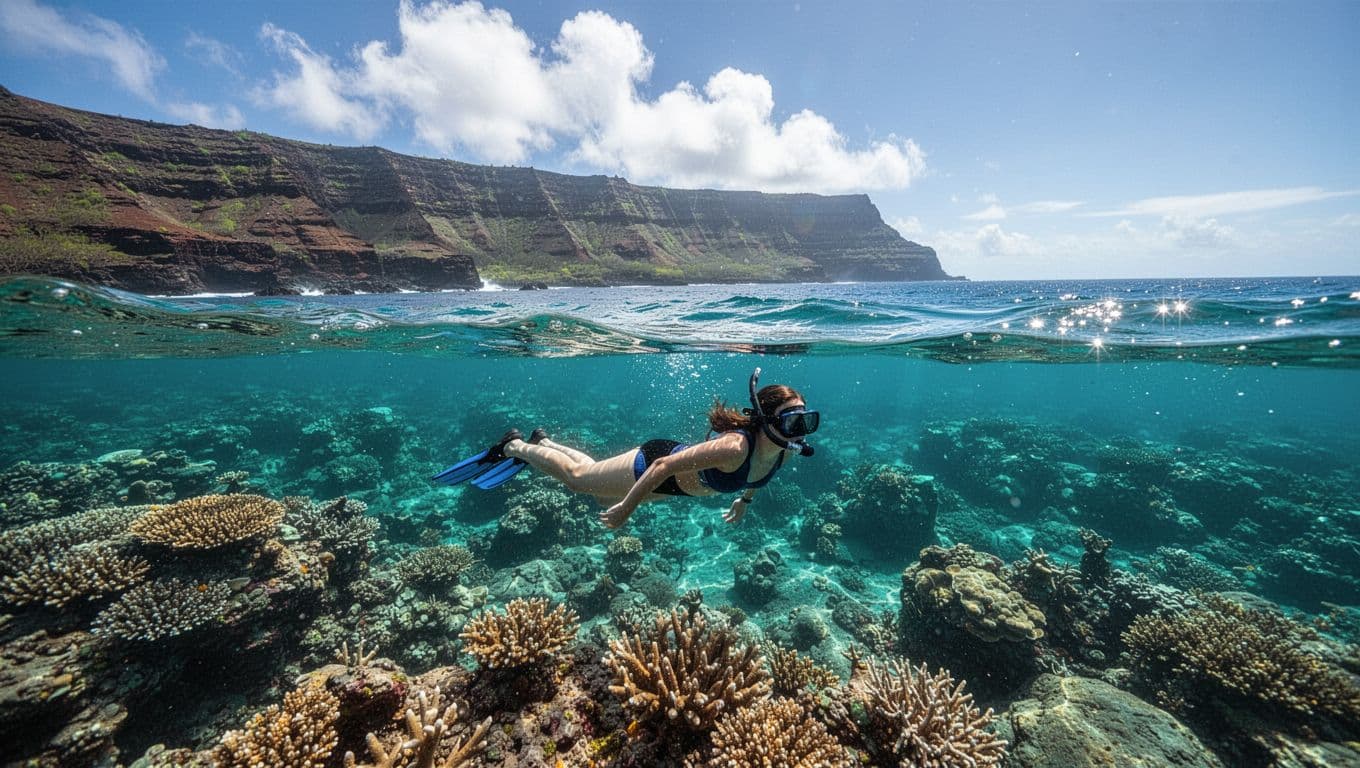 A snorkeler floats above a coral reef near Hawaii Island's volcanic coast.