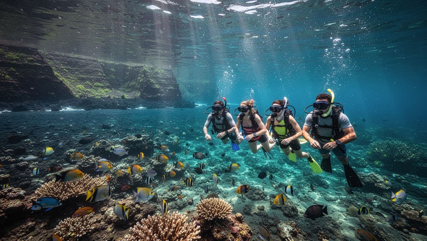 Four snorkelers and a guide float above a colorful reef near green volcanic cliffs.
