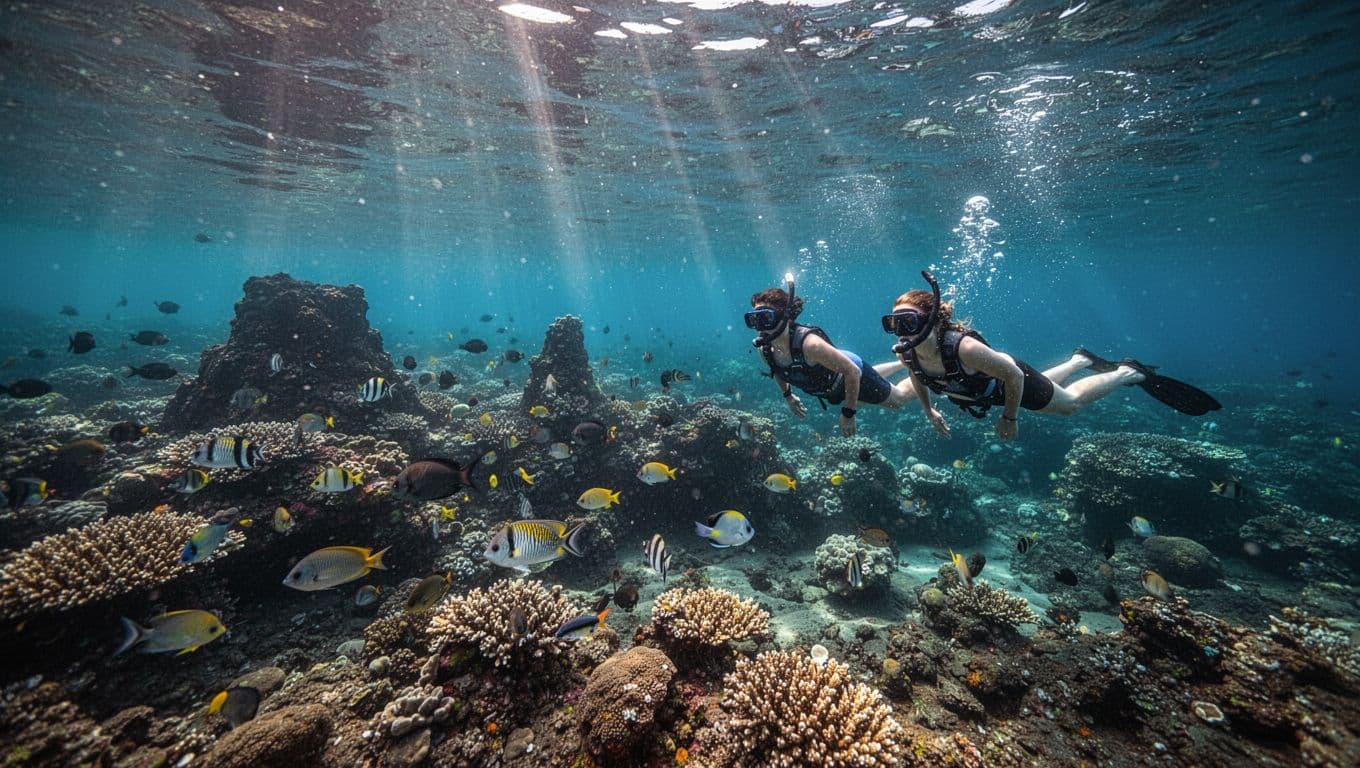 Two snorkelers float above a coral reef in clear blue water near Hawaii.