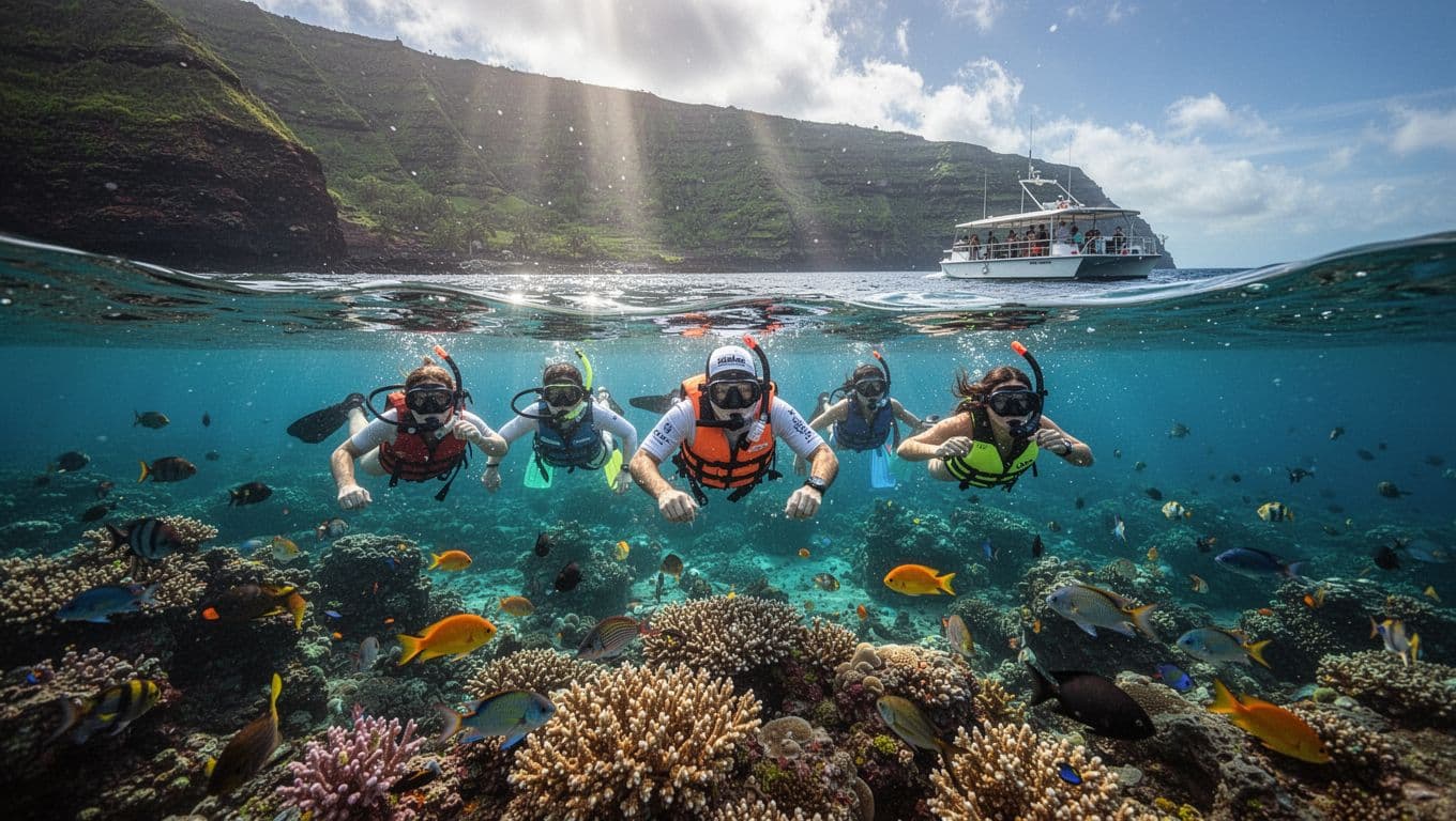 Four snorkelers explore a colorful reef beneath green cliffs at Kealakekua Bay.