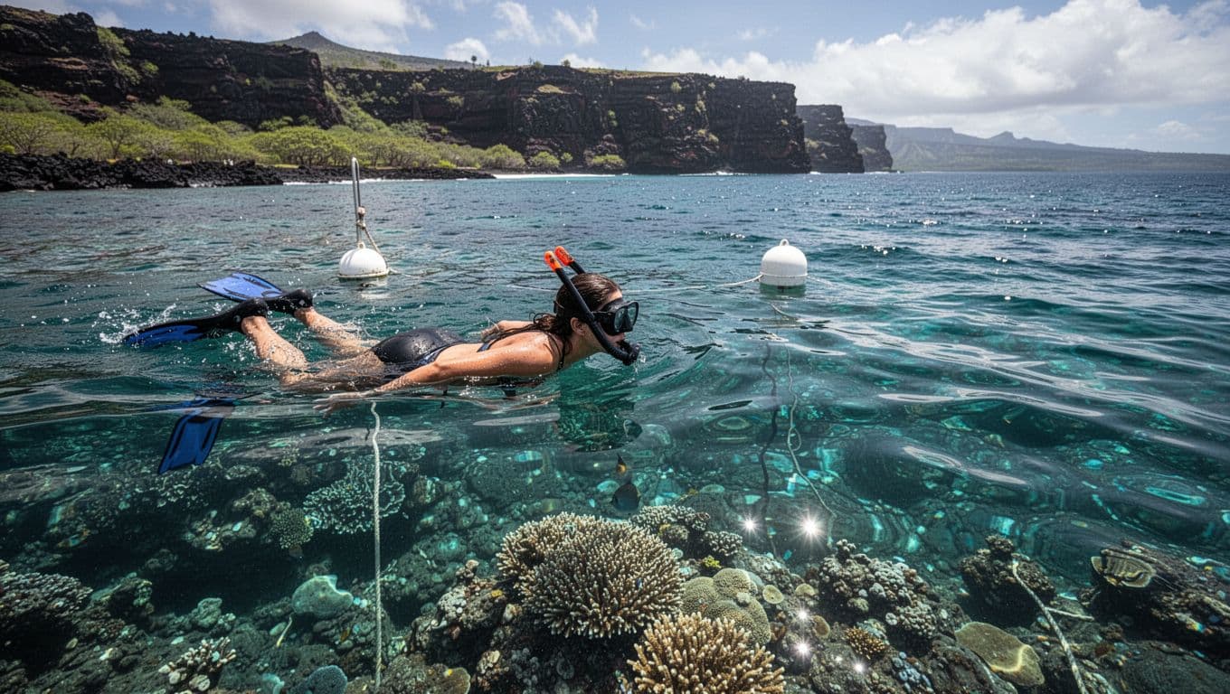A snorkeler floats beside a mooring float above a coral reef.