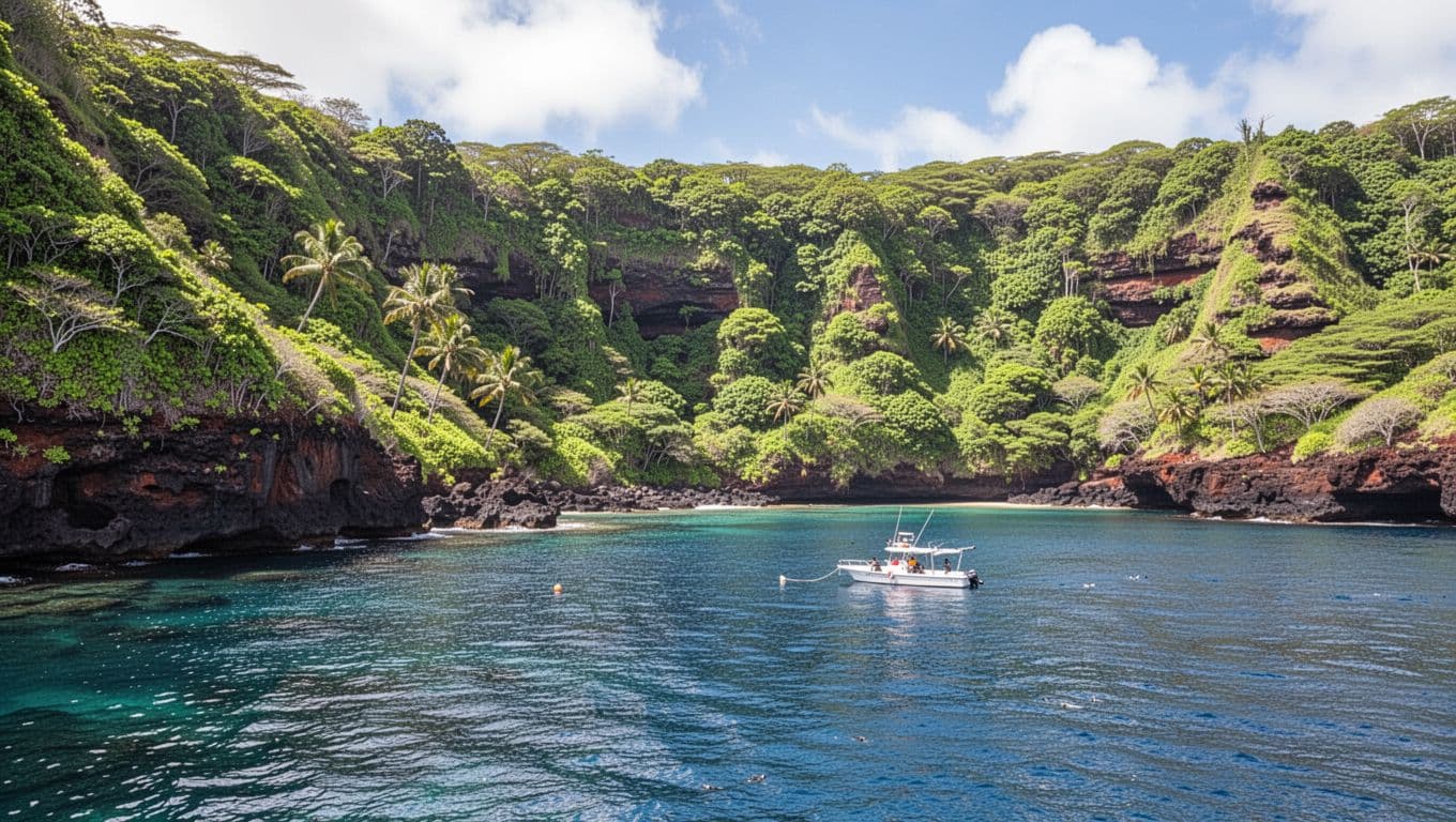 Green volcanic cliffs drop sharply into the transparent turquoise waters of the bay. A single small snorkeling boat floats peacefully in the distance under a bright and cloudless tropical sky.