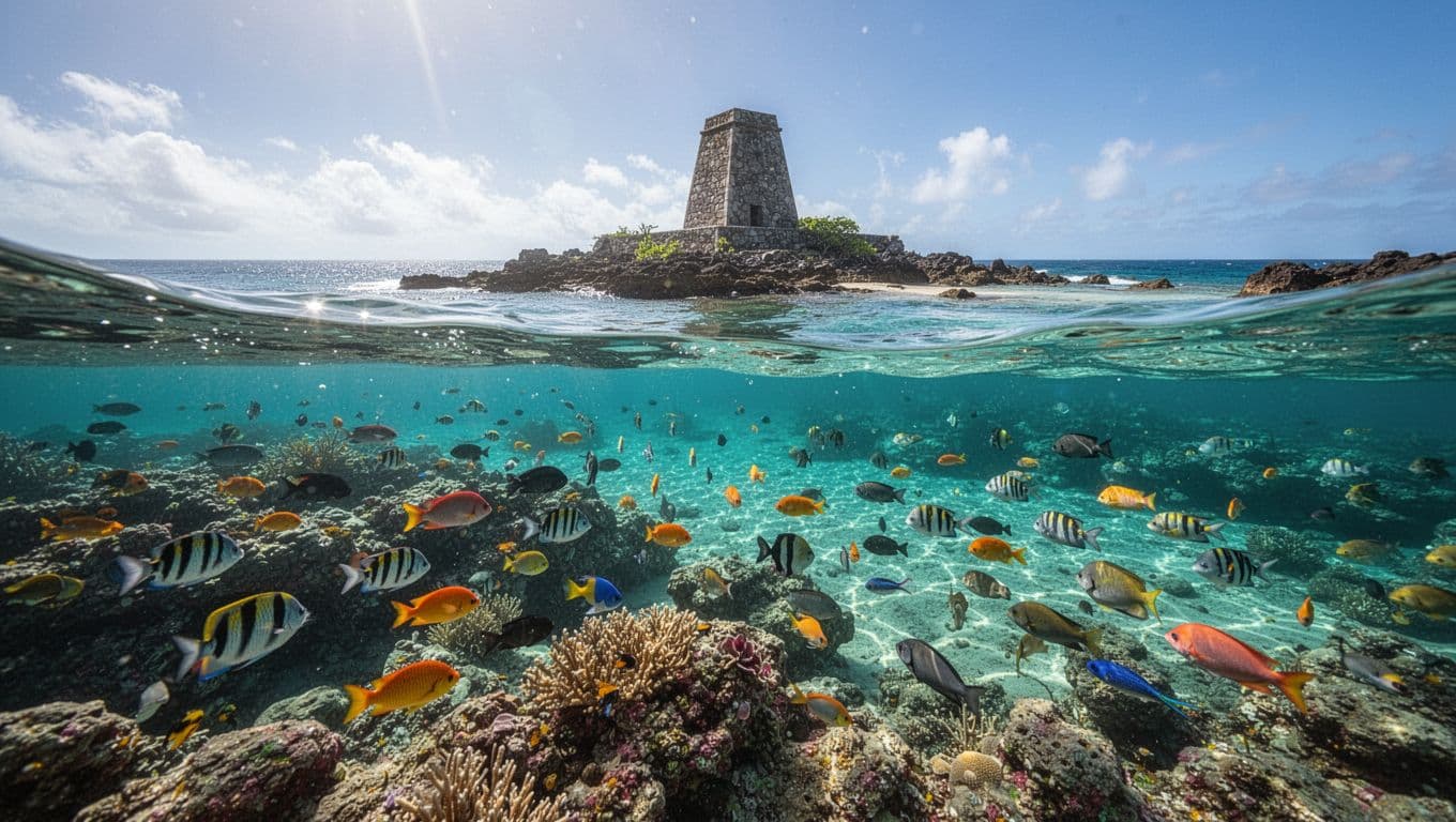 Sunlight penetrates the turquoise water of Kealakekua Bay, illuminating vibrant coral reefs and swimming tropical fish. The distant Captain Cook monument stands prominently upon the rugged, lush Hawaiian volcanic shoreline.