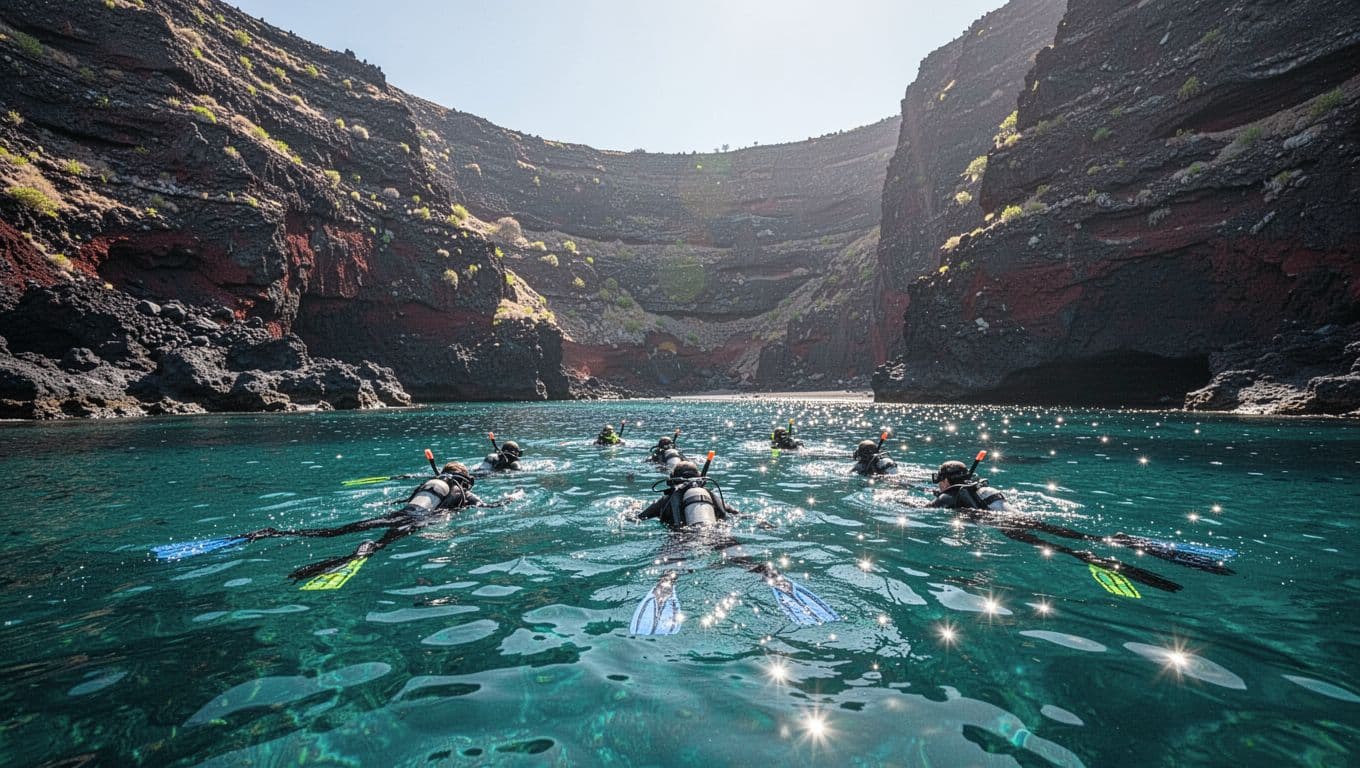 Snorkelers float peacefully in the crystal clear turquoise water of a volcanic bay. Steep, jagged cliffs rise dramatically in the background under a bright sky, highlighting the island's raw natural beauty.