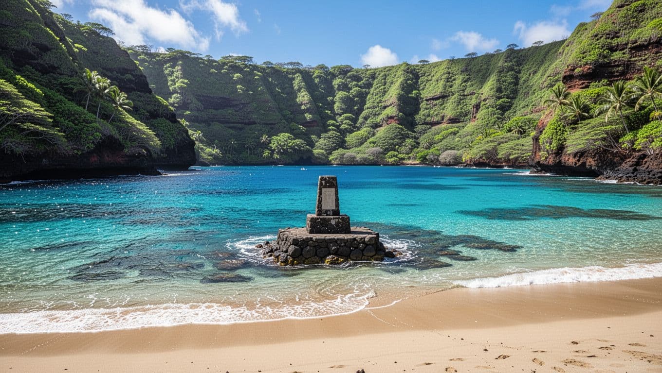 Vibrant turquoise waters meet emerald green cliffs under a clear blue sky. The historic white Captain Cook Monument stands prominently along the rocky shoreline of this remote, sunlit tropical bay.
