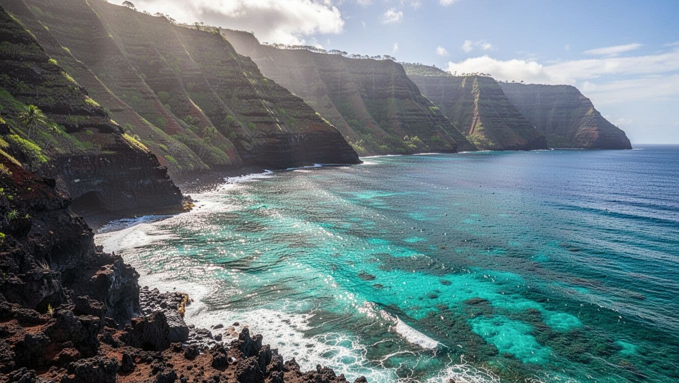 Vibrant turquoise waters meet towering volcanic cliffs under soft morning light. The calm bay surface features shimmering cyan highlights, capturing the pristine beauty of this protected marine sanctuary in Hawaii.