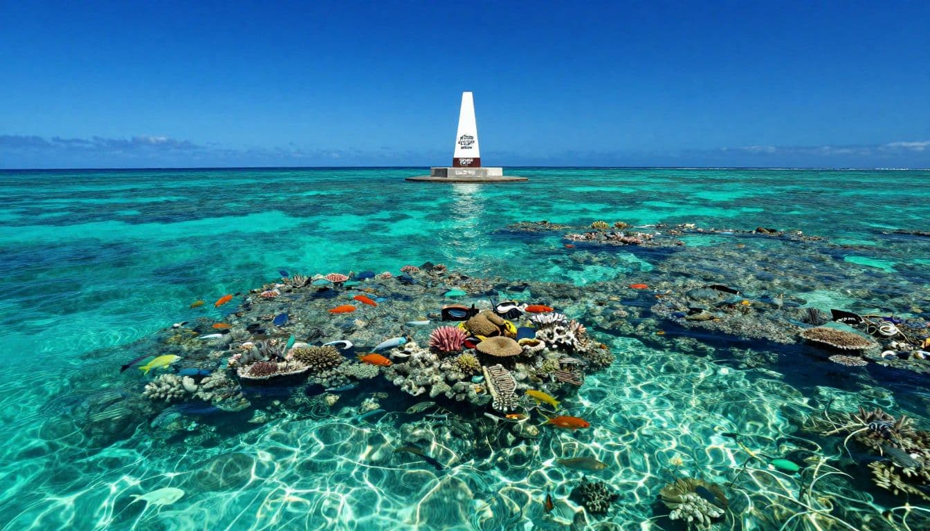 Crystal clear turquoise water reveals vibrant coral reefs and schools of tropical fish at Kealakekua Bay. Sunlight pierces the shallow surface, highlighting colorful marine life near the iconic Captain Cook monument shore.