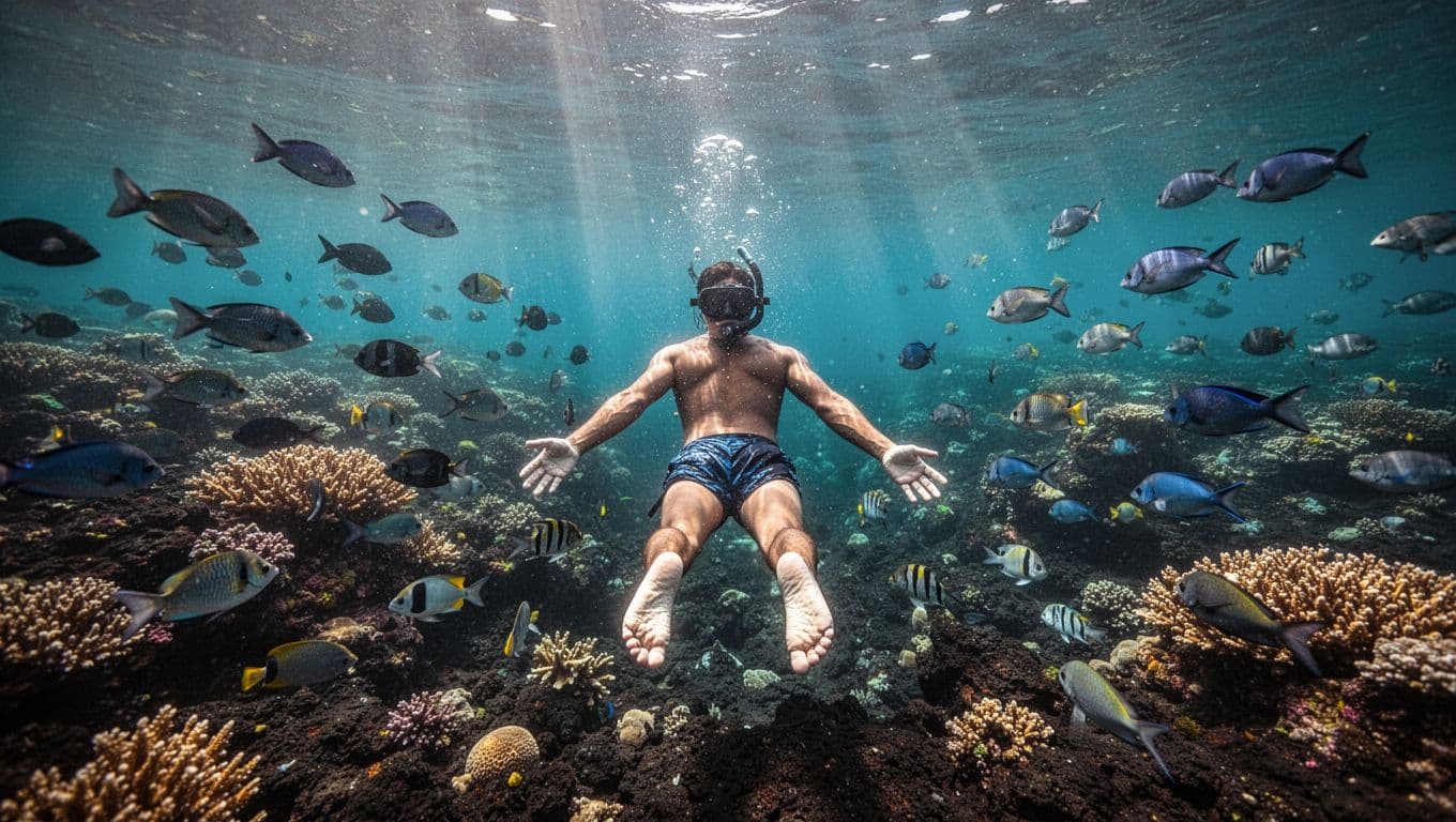A snorkeler viewed from behind swims relaxed underwater in Kealakekua Bay, surrounded by schools of tropical fish and vibrant coral on a volcanic reef, with dramatic sunlight rays piercing the clear water.