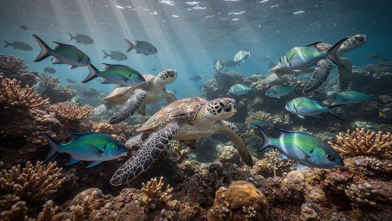 Underwater view of Kealakekua Bay showcasing vibrant tropical fish, sea turtles, and coral reef with sunlight rays piercing the water in cinematic style with strong contrast and dramatic lighting.
