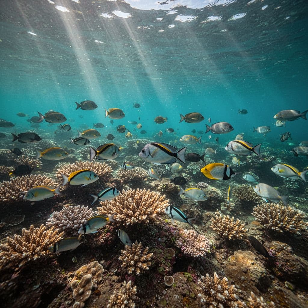 Sunlight rays pierce through clear turquoise water over a vibrant coral reef in Hawaii.