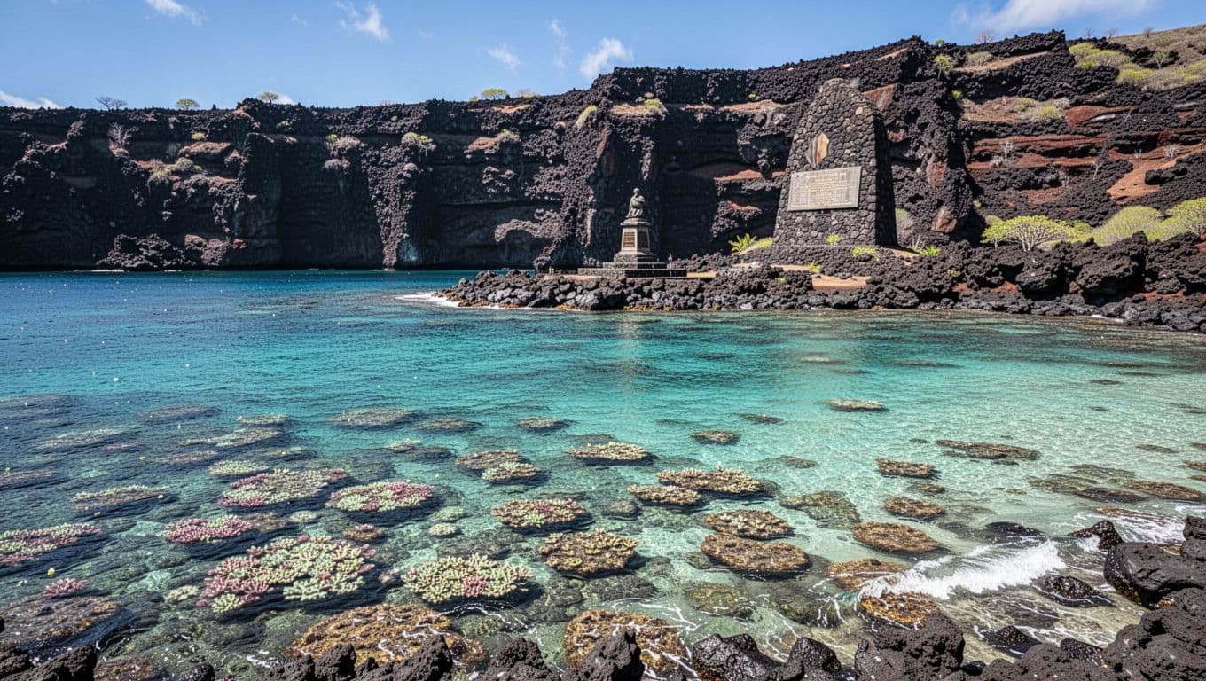 Crystal clear turquoise water ripples gently over a vibrant coral reef at Kealakekua Bay. Towering lava cliffs and the white stone Captain Cook monument stand prominently under a brilliant tropical sky.