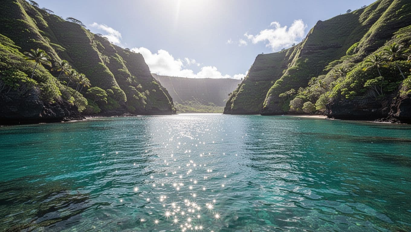Turquoise bay waters stretch toward lush green volcanic cliffs under a bright sun. The calm surface ripples with light reflections, creating a scenic environment ideal for swimmers and snorkelers to explore.