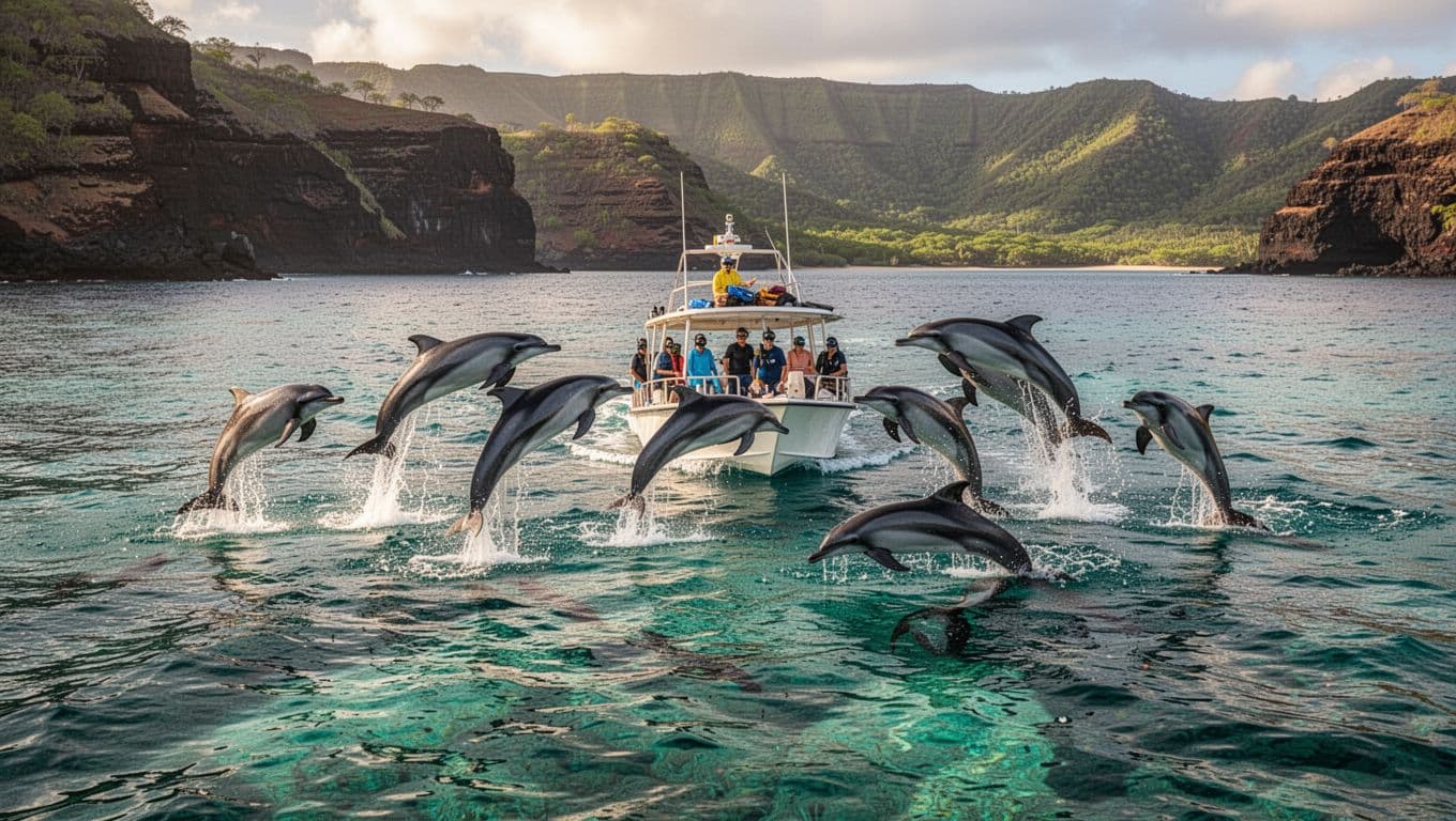 Pod of spinner dolphins swimming and leaping near a small snorkel tour boat in crystal-clear turquoise waters of Kealakekua Bay, Big Island Hawaii, with dramatic volcanic cliffs and lush greenery in the background.