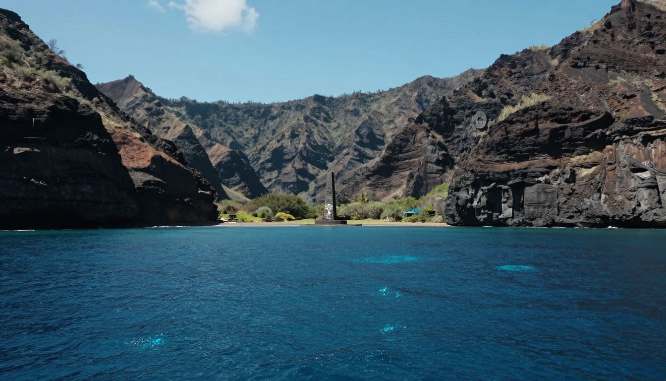 A dark stone monument rests on the rocky coastline of a deep blue tropical bay. Towering volcanic cliffs rise dramatically in the background, framing the clear, sparkling cyan ocean waters.