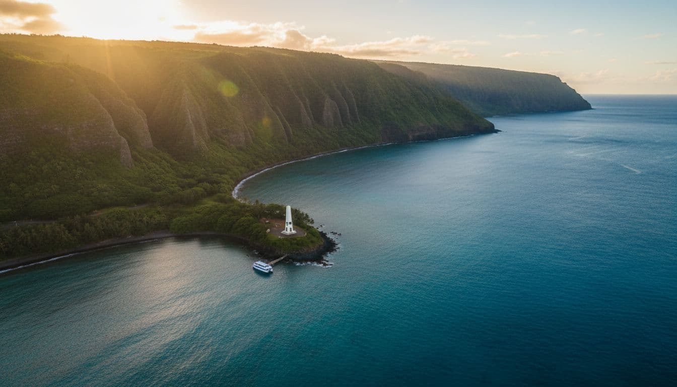 Aerial view of Kealakekua Bay at sunrise with green cliffs, volcanic coast, Captain Cook monument, turquoise ocean, and anchored boat.