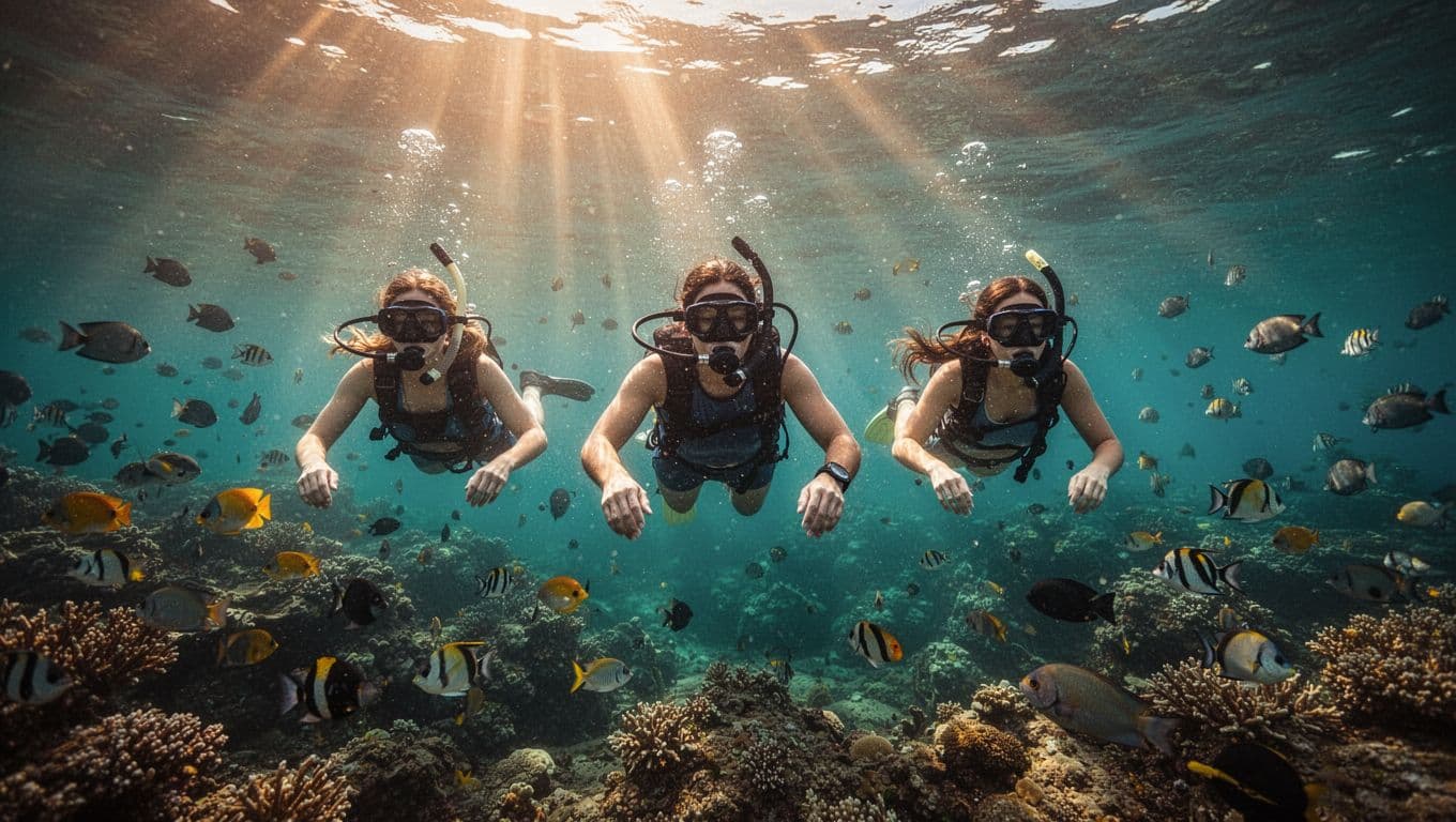 Three snorkelers with masks and fins explore colorful coral reefs and schools of tropical fish in calm, crystal-clear turquoise morning waters of Kealakekua Bay, Big Island, Hawaii, with sun rays piercing the surface.