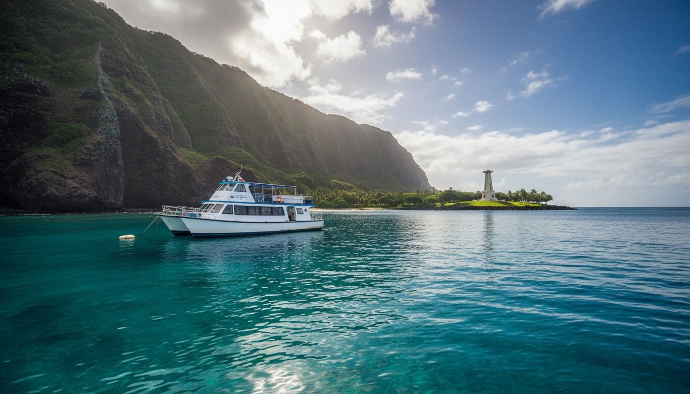 Small tour boat anchored in calm Kealakekua Bay with sheer cliffs and Captain Cook monument on green shore.
