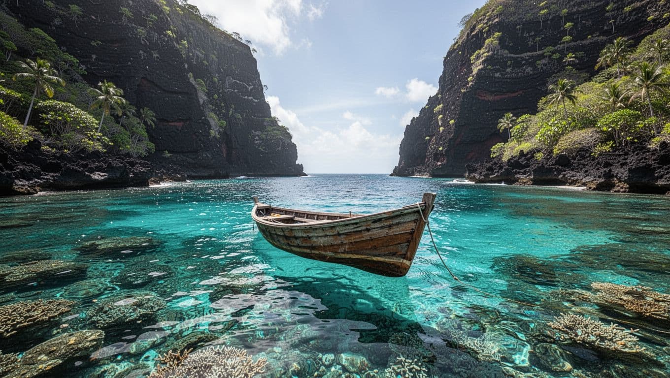 Turquoise Hawaiian bay with volcanic cliffs, coral reefs, and one distant empty boat.