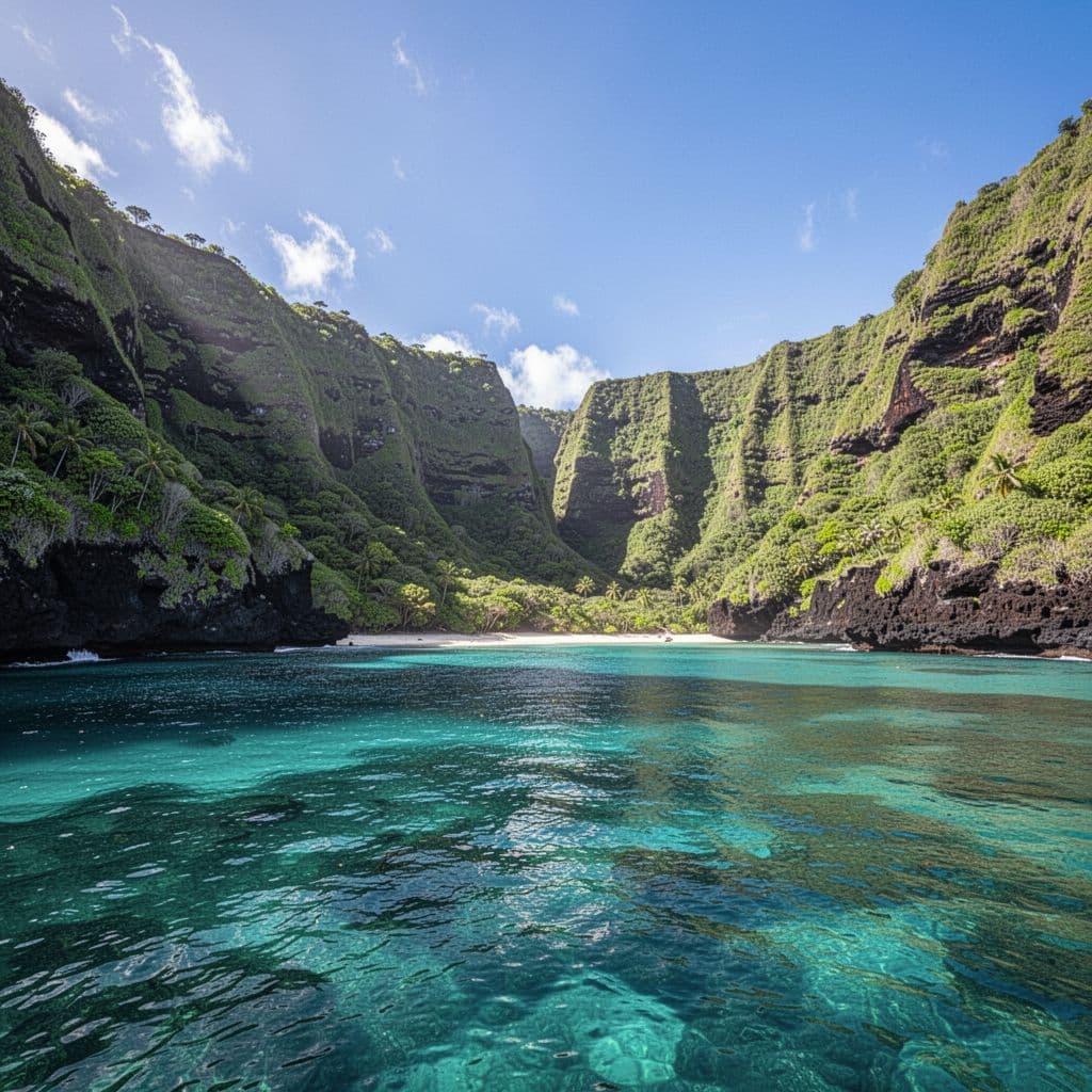 Turquoise waters meet lush green volcanic cliffs along a peaceful tropical coastline under a clear sky.