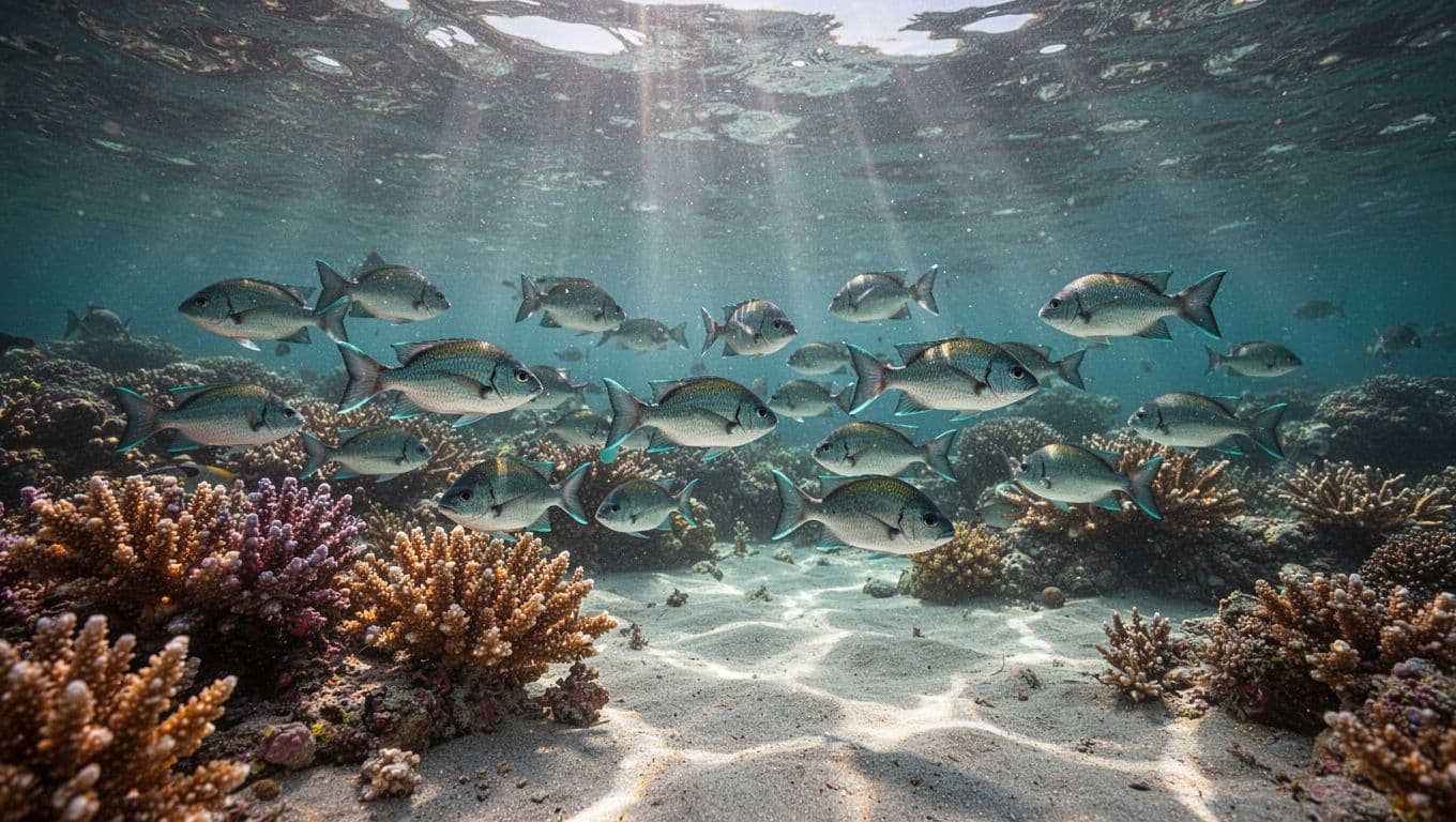 Vibrant underwater scene in Kealakekua Bay, Big Island Hawaii, with tropical fish schooling around healthy coral and sunlight rays piercing the surface, viewed from near the surface for non-swimmers.