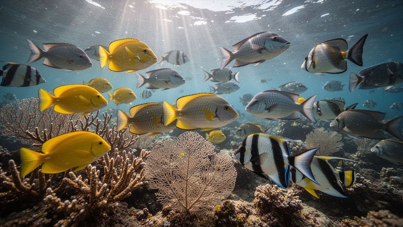 Diverse tropical fish school around branching corals and sea fans with sunlight rays in clear Kealakekua Bay reef.