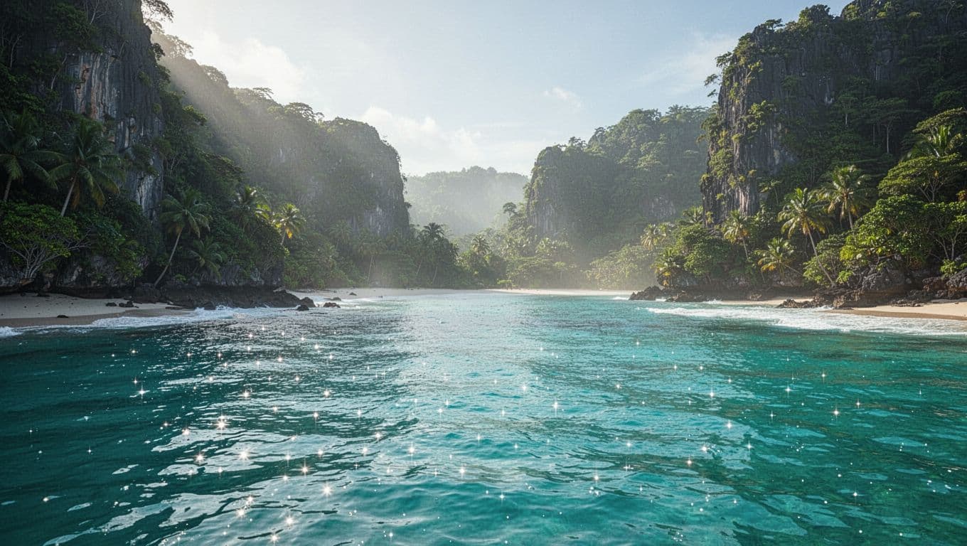 Lush green cliffs rise dramatically above the calm, sparkling cyan waters of a remote Hawaiian bay. Morning sunlight illuminates the vibrant ocean surface while gentle waves lap against the rocky shoreline.