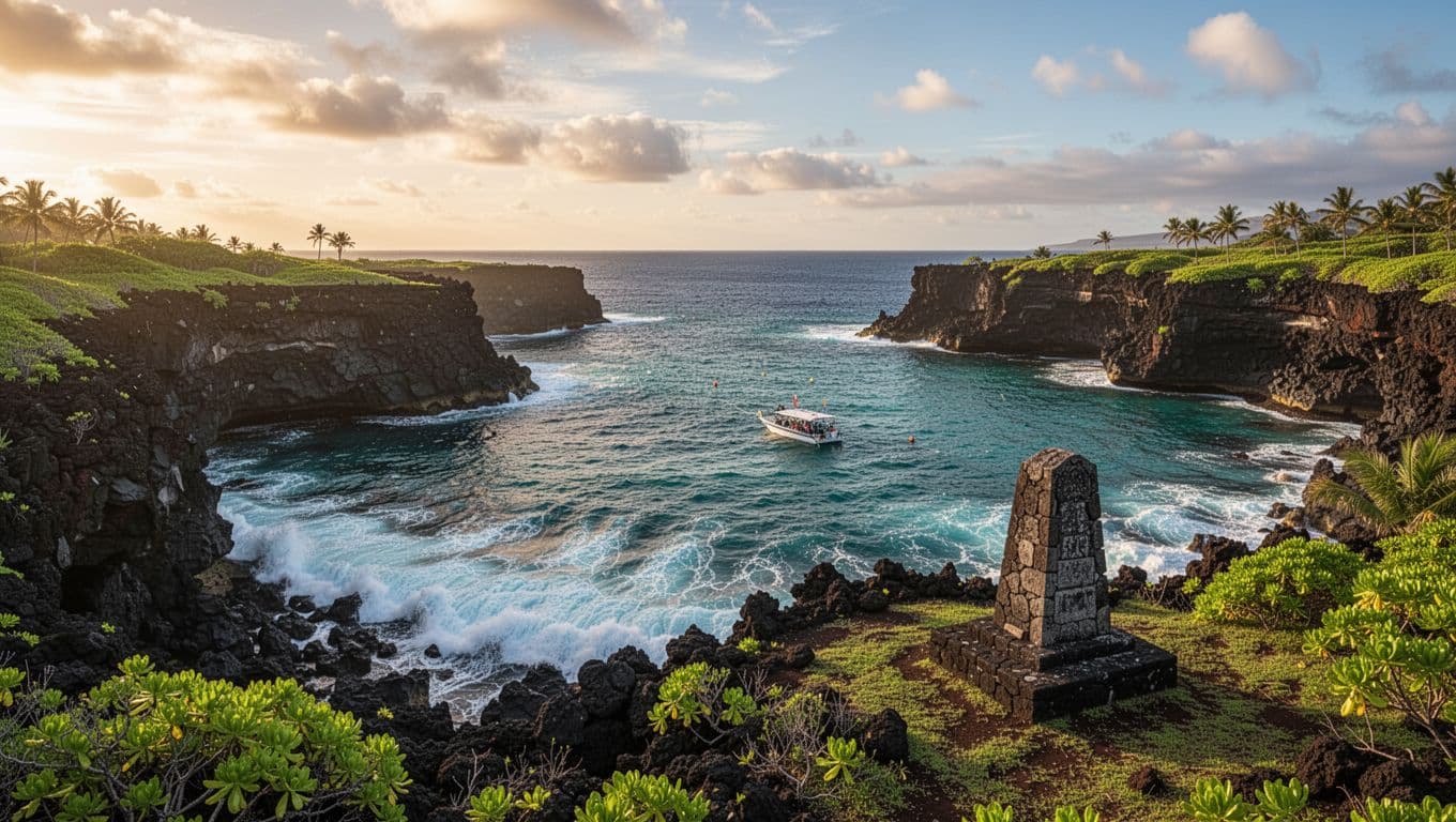 Scenic surface view of Kealakekua Bay marine sanctuary on Big Island Hawaii, with calm turquoise waters against black lava rock cliffs, distant Captain Cook Monument on green shore, and a snorkel tour boat anchored offshore in golden hour light.