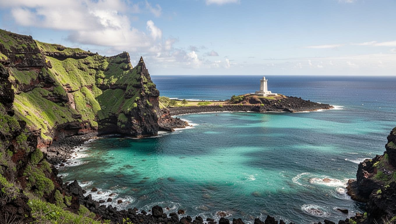 Turquoise waters of Kealakekua Bay on Big Island Hawaii with green volcanic cliffs and distant Captain Cook monument, cinematic style with dramatic lighting.