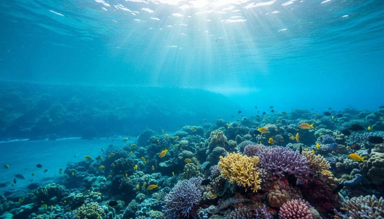 Turquoise water over colorful coral reef with tropical fish swimming, sunlight rays from surface, distant volcanic coastline.