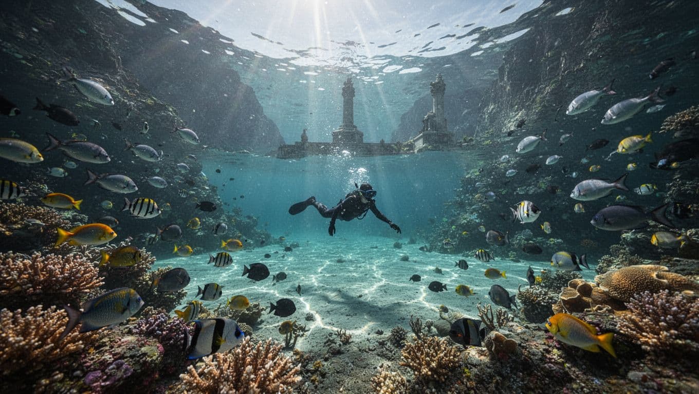 Vibrant coral reef in crystal-clear turquoise waters of Kealakekua Bay with schools of tropical fish, distant volcanic cliffs, and Captain Cook monument. Sunlight rays beam through the surface creating caustics, featuring one snorkeler silhouette.