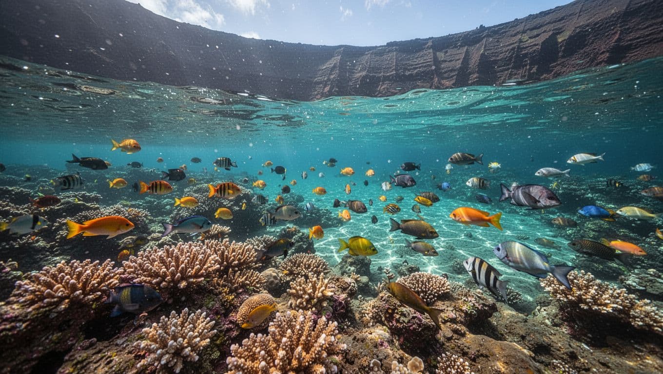 Colorful fish swim above coral reefs with volcanic cliffs visible through clear turquoise water.